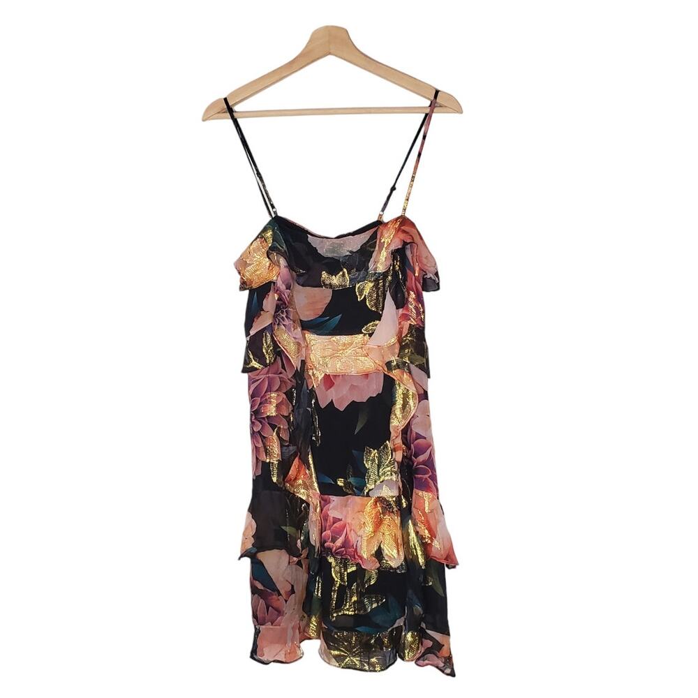 Nicole Miller Artelier Dahlia Bloom Lurex Ruffle Silk Dress Black Multi Size 6